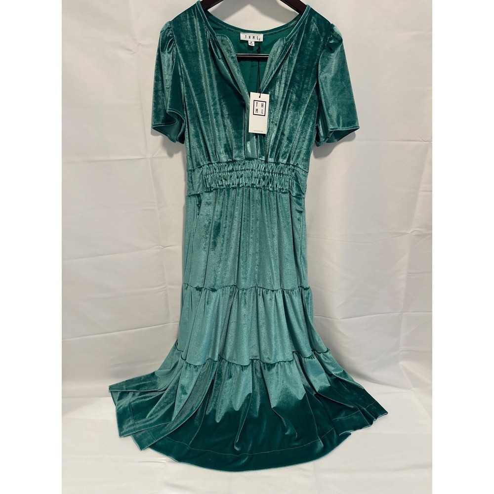 THML Velvet Maxi Dress Womens Medium Teal Green NWT Smocked Tiered Split‎ Neck - Picture 5 of 8